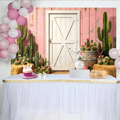 Lofaris Pink Rustic Western Photography Backdrop with Cacti and White Barn Door Desert Themed Studio Background for Photoshoot