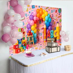 Lofaris Pink School Theme Birthday Backdrop with Rainbow Balloons and ABC Letters Educational Party Decor for Kids Photoshoot