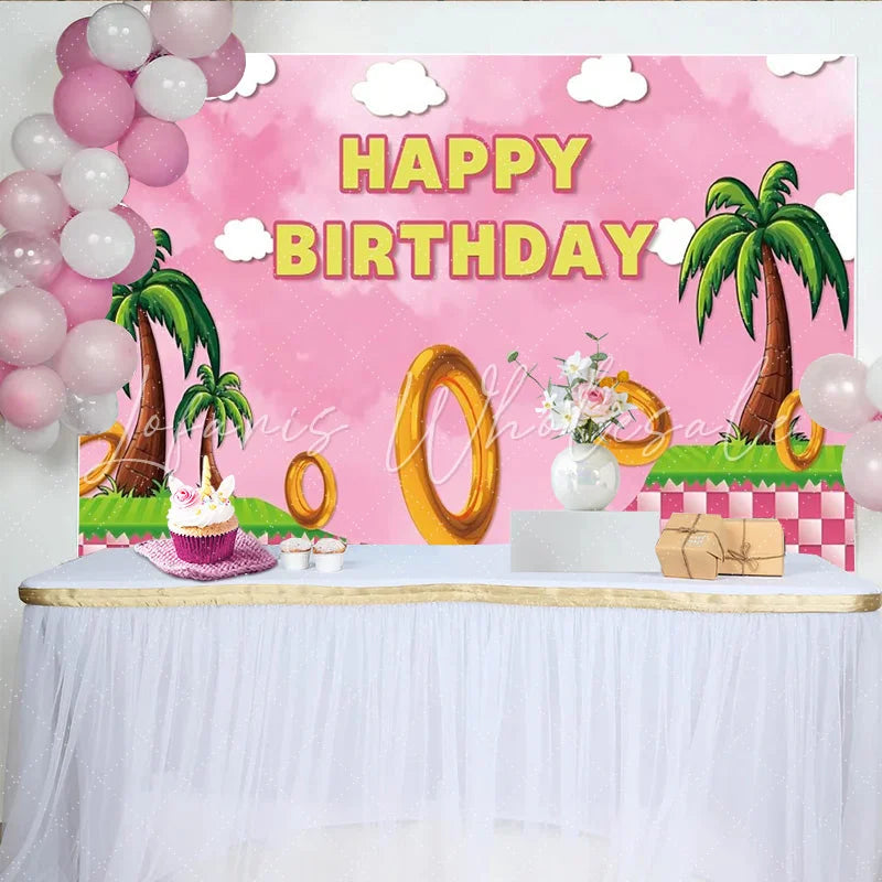 Lofaris Pink Sonic Inspired Happy Birthday Backdrop for Girls Video Game with Golden Rings Hedgehog Themed Party Decor