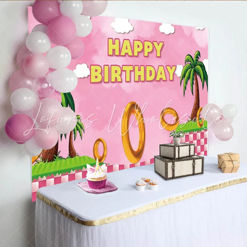 Lofaris Pink Sonic Inspired Happy Birthday Backdrop for Girls Video Game with Golden Rings Hedgehog Themed Party Decor