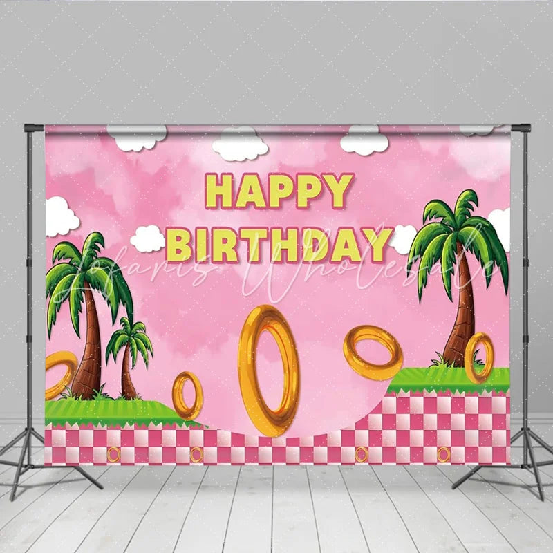 Lofaris Pink Sonic Inspired Happy Birthday Backdrop for Girls Video Game with Golden Rings Hedgehog Themed Party Decor