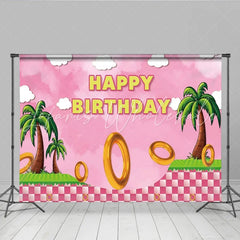 Lofaris Pink Sonic Inspired Happy Birthday Backdrop for Girls Video Game with Golden Rings Hedgehog Themed Party Decor