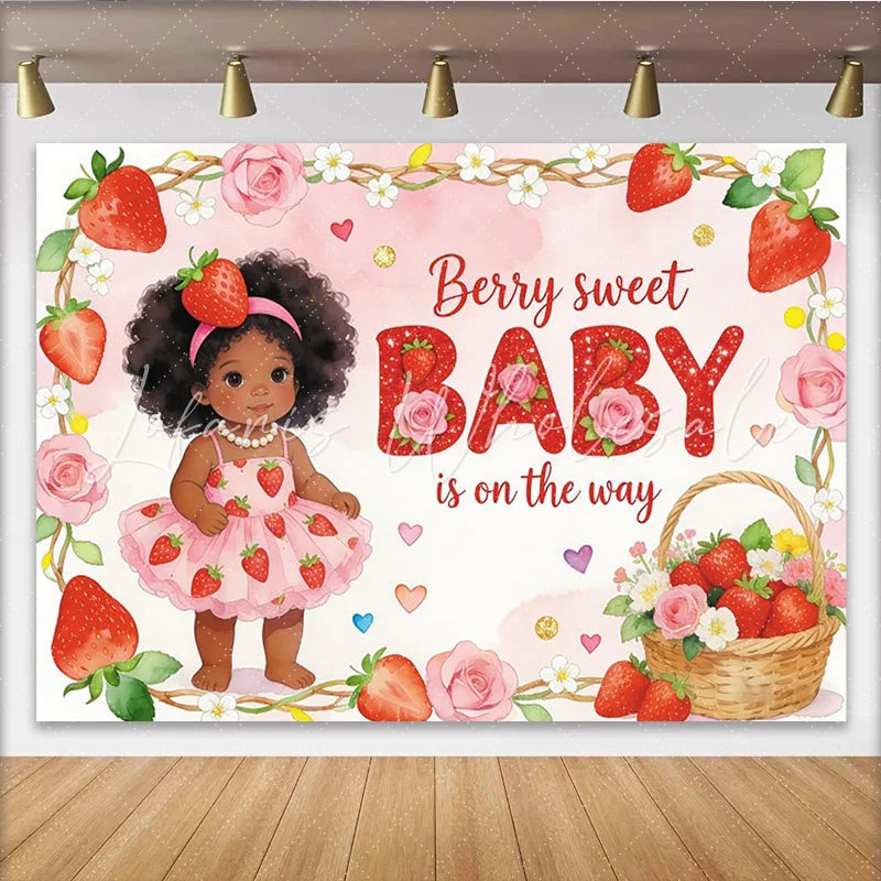 Lofaris Pink Strawberry Baby Shower Backdrop for Girl Cute Cartoon Baby and Roses Theme Background for Party Decor.