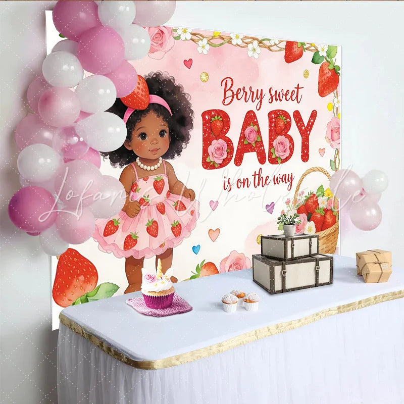 Lofaris Pink Strawberry Baby Shower Backdrop for Girl Cute Cartoon Baby and Roses Theme Background for Party Decor.