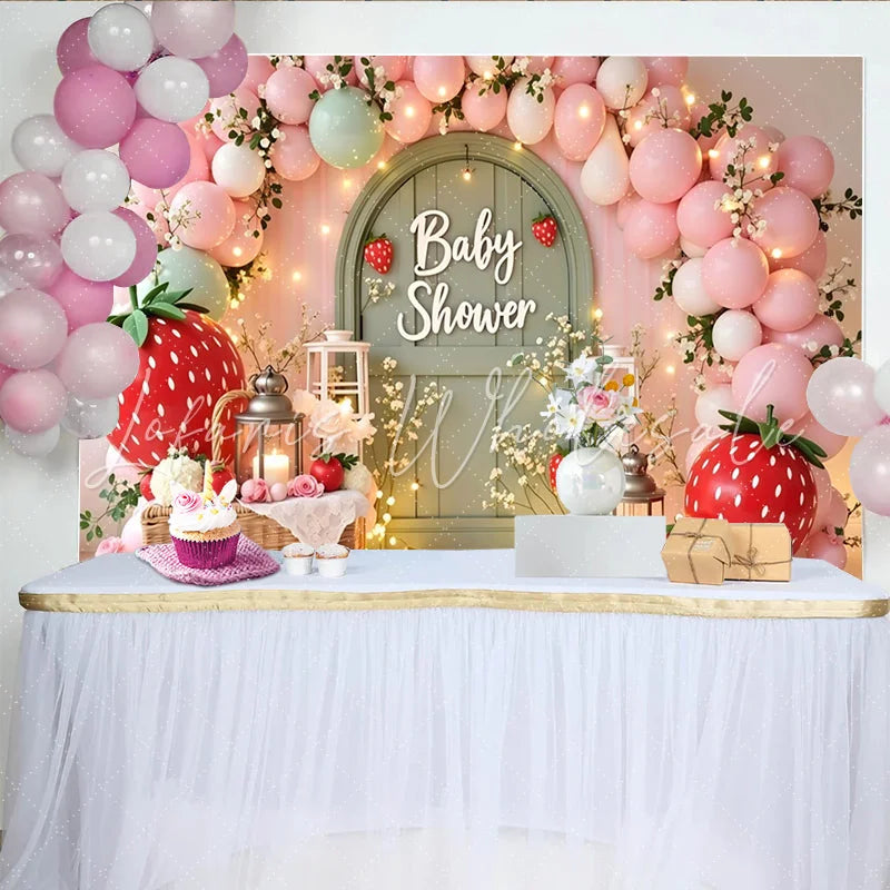 Lofaris Pink Strawberry Baby Shower Backdrop with Balloons and Arch Door Whimsical Garden Party Background for Photoshoot and Decor