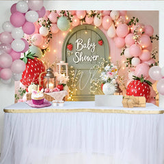 Lofaris Pink Strawberry Baby Shower Backdrop with Balloons and Arch Door Whimsical Garden Party Background for Photoshoot and Decor