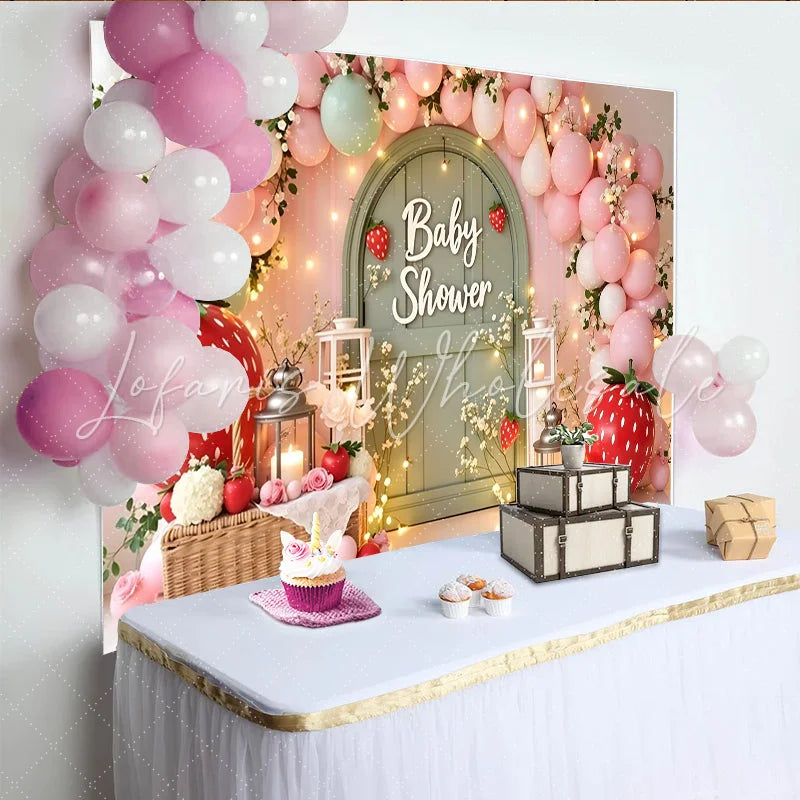 Lofaris Pink Strawberry Baby Shower Backdrop with Balloons and Arch Door Whimsical Garden Party Background for Photoshoot and Decor