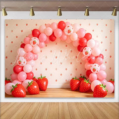 Lofaris Pink Strawberry Birthday Backdrop with Red Balloons and Fruit Patterns Cute Party Background for Girls Photoshoot Decor