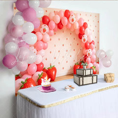 Lofaris Pink Strawberry Birthday Backdrop with Red Balloons and Fruit Patterns Cute Party Background for Girls Photoshoot Decor