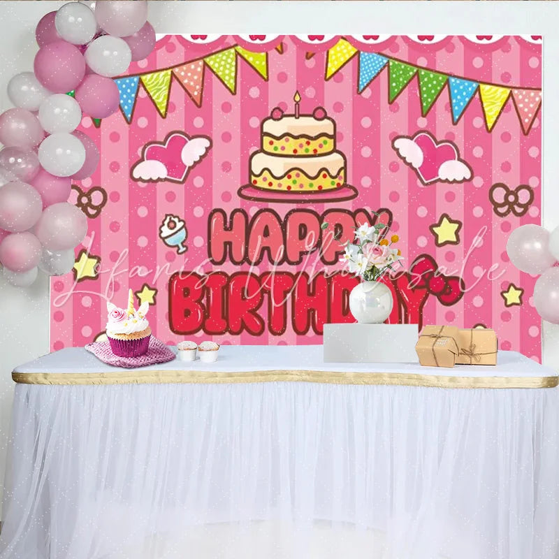 Lofaris Pink Stripes Pennant Banner Happy Birthday Backdrop Cute Bows and Cake Party Background