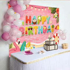 Lofaris Pink Summer Cartoon Birthday Backdrop with Tropical Beach and Flamingo Vibrant Party Background for Kids Photoshoot