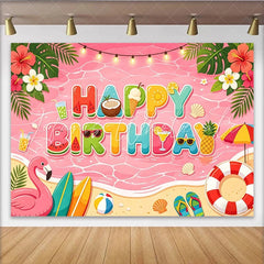 Lofaris Pink Summer Cartoon Birthday Backdrop with Tropical Beach and Flamingo Vibrant Party Background for Kids Photoshoot