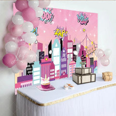 Lofaris Pink Superhero City Backdrop Comic Girl Pow Zap Wow Cityscape Photography Background