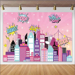 Lofaris Pink Superhero City Backdrop Comic Girl Pow Zap Wow Cityscape Photography Background