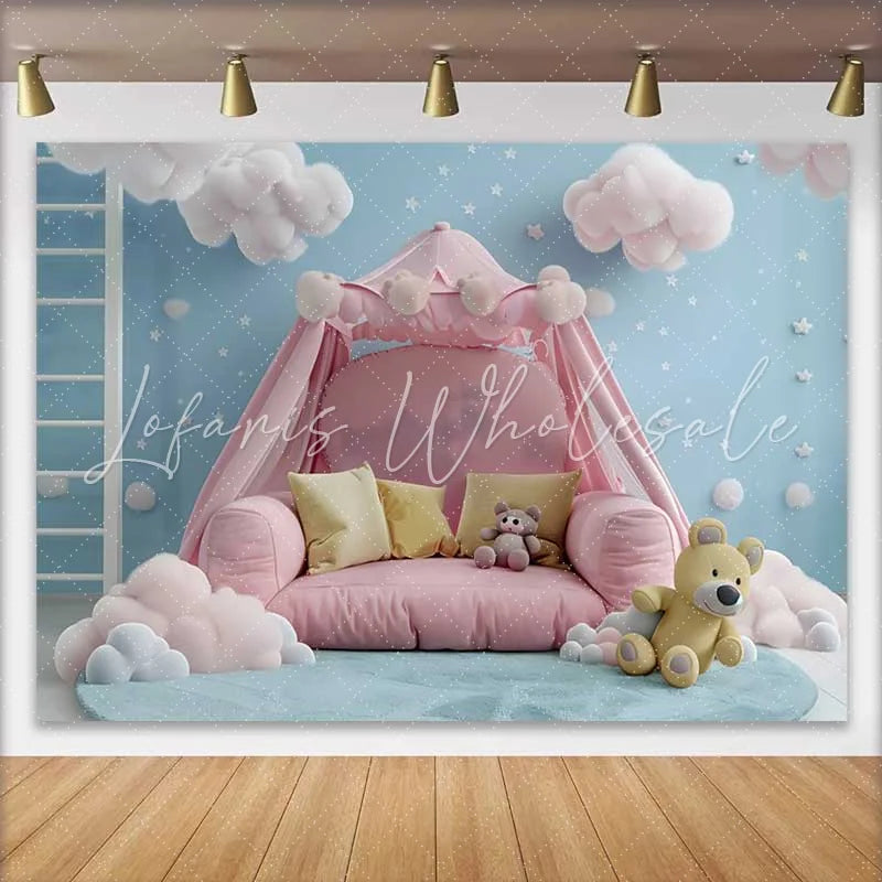 Lofaris Pink Tent Bed Teddy Bear Cake Smash Backdrop Blue Sky Fluffy Clouds Stars Baby Photography Background
