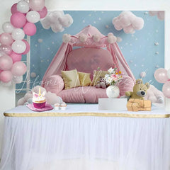 Lofaris Pink Tent Bed Teddy Bear Cake Smash Backdrop Blue Sky Fluffy Clouds Stars Baby Photography Background