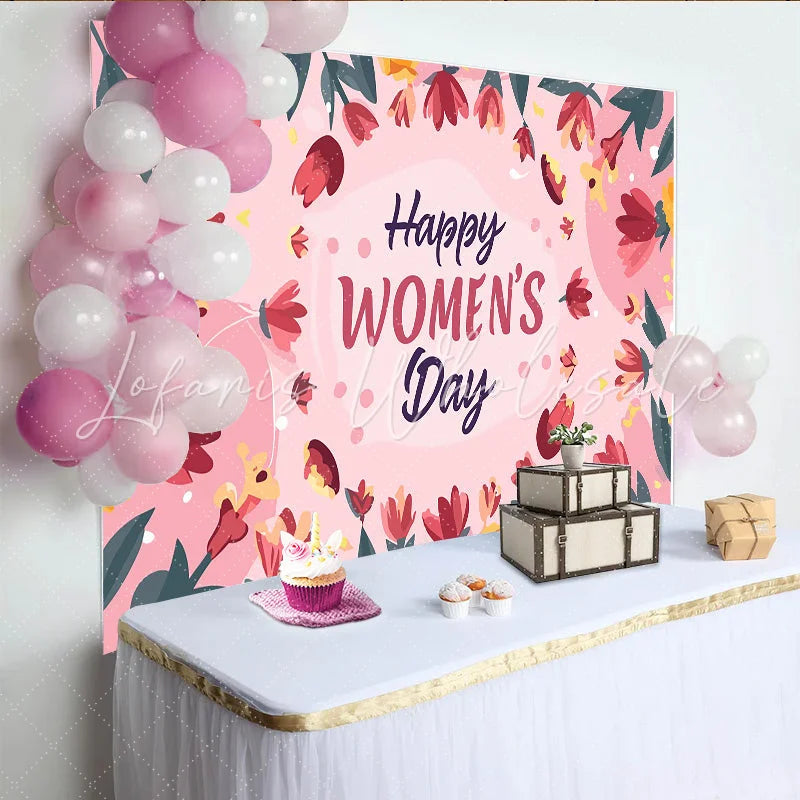 Lofaris Pink Tulip Frame Womens Day Backdrop Circular Flower Wreath International Womens Day Banner