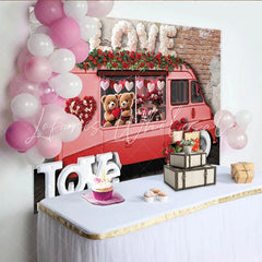 Lofaris Pink Valentine’s Day Backdrop with Love Truck Cute Teddy Bears Red Roses and Heart Garland Decor for Romantic Party