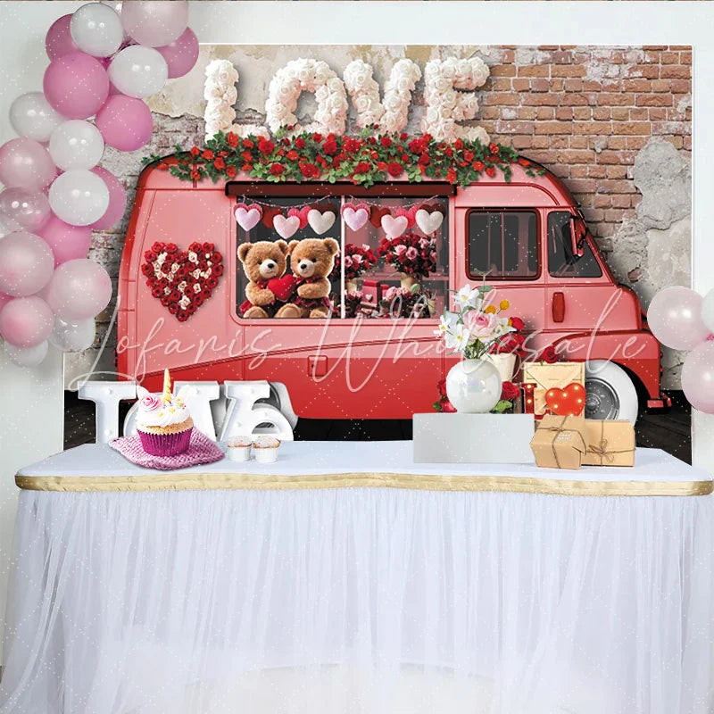 Lofaris Pink Valentine’s Day Backdrop with Love Truck Cute Teddy Bears Red Roses and Heart Garland Decor for Romantic Party