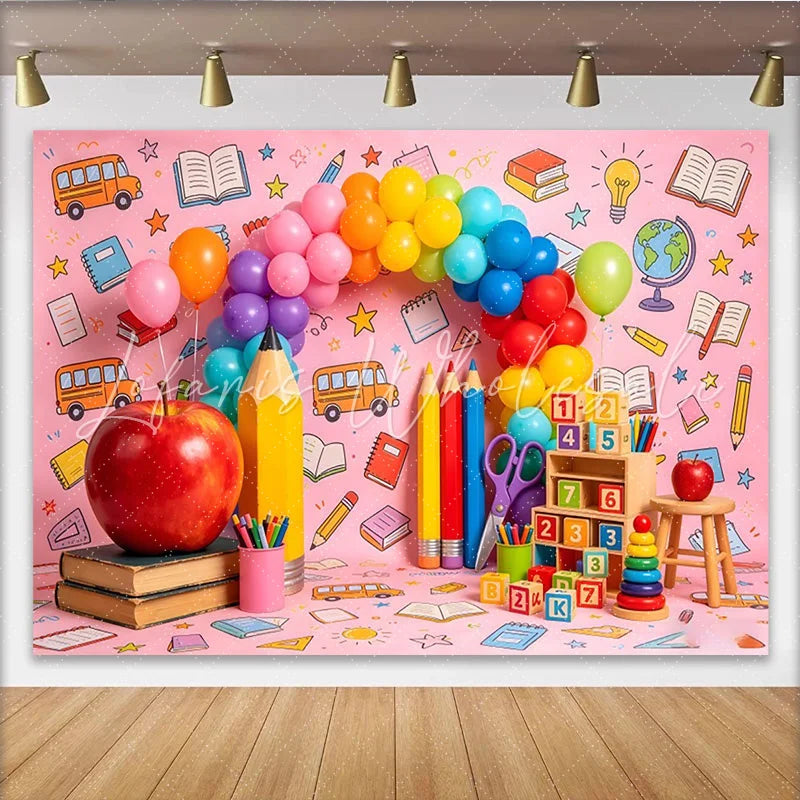 Lofaris Pink Vibrant Back to School Photography Backdrop Colorful Balloons and Apple Classroom Decor for Kids Party