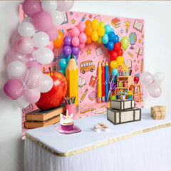 Lofaris Pink Vibrant Back to School Photography Backdrop Colorful Balloons and Apple Classroom Decor for Kids Party