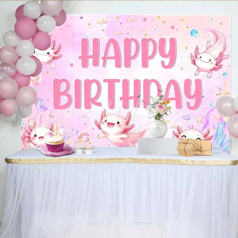 Lofaris Pink Watercolor Axolotl Birthday Backdrop Cute Underwater Sea Creatures Party Background for Girls