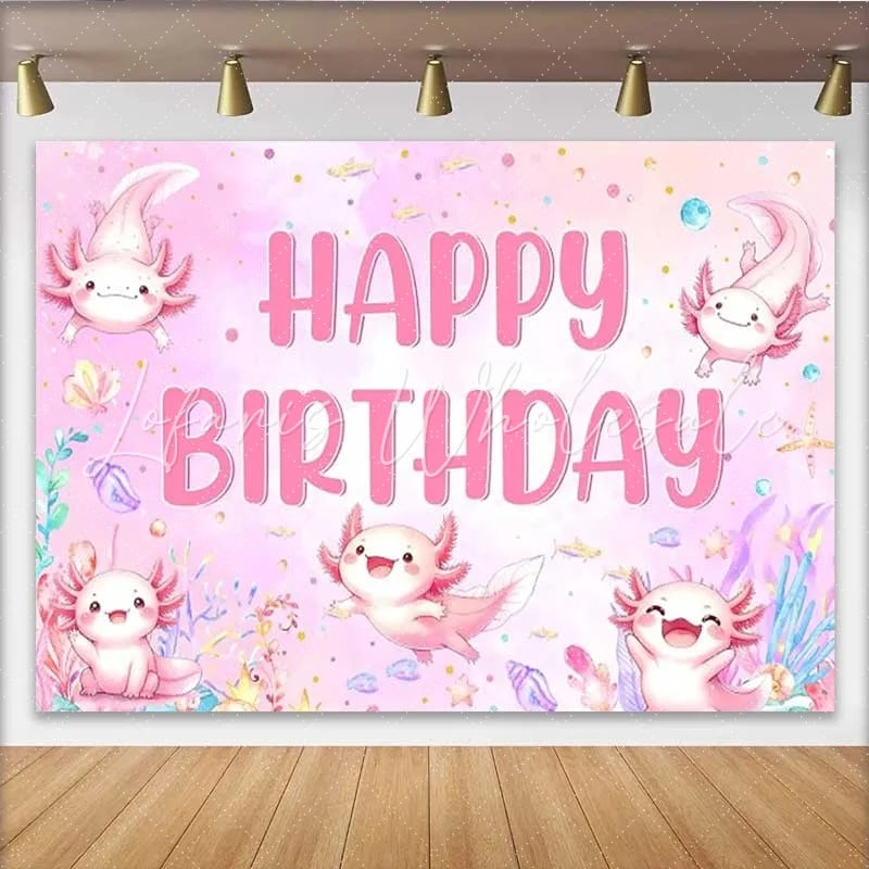 Lofaris Pink Watercolor Axolotl Birthday Backdrop Cute Underwater Sea Creatures Party Background for Girls