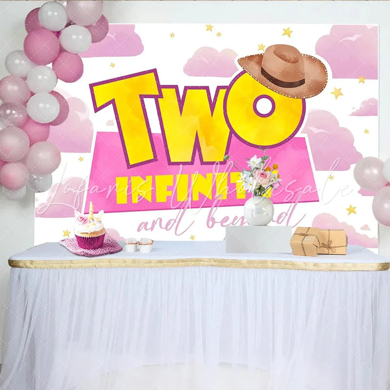 Lofaris Pink Watercolor Cowboy Two Infinity Birthday Backdrop for Kids Party Yellow Stars Clouds Photo Background for Studio Photography