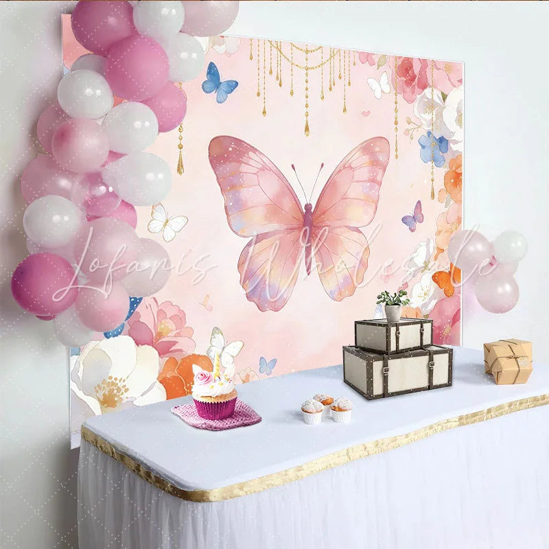 Lofaris Pink Watercolor Floral Butterfly Photography Backdrop Gold Chain Flowers Background for Girls Party
