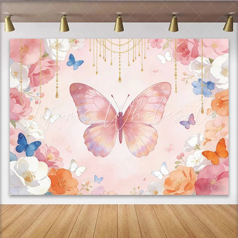 Lofaris Pink Watercolor Floral Butterfly Photography Backdrop Gold Chain Flowers Background for Girls Party