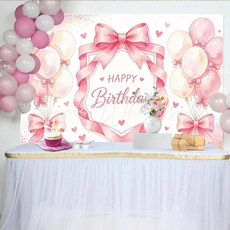 Lofaris Pink Watercolor Happy Birthday Backdrop with Balloons and Hearts Elegant Party Background for Girls Photoshoot