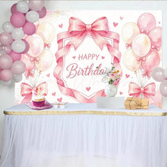 Lofaris Pink Watercolor Happy Birthday Backdrop with Balloons and Hearts Elegant Party Background for Girls Photoshoot