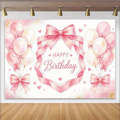Lofaris Pink Watercolor Happy Birthday Backdrop with Balloons and Hearts Elegant Party Background for Girls Photoshoot