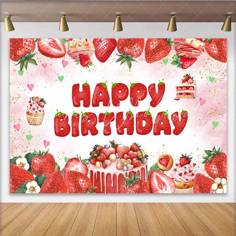 Lofaris Pink Watercolor Strawberry Birthday Backdrop with Cake and Cupcakes Sweet Festive Party Decor for Girls Photoshoot