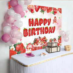 Lofaris Pink Watercolor Strawberry Birthday Backdrop with Cake and Cupcakes Sweet Festive Party Decor for Girls Photoshoot