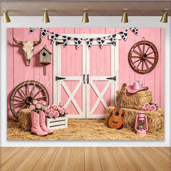 Lofaris Pink Western Barn Backdrop with Cow Print Bunting Rustic Farmhouse Background for Girls Birthday Party or Studio Photos