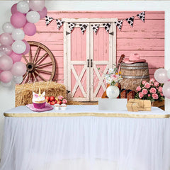 Lofaris Pink Western Barn Photography Backdrop with Cow Print Bunting Rustic Farm Photo Background for Studio Photoshoot and Party Decor