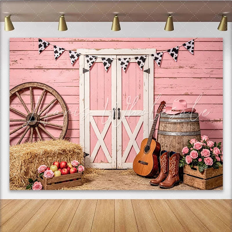 Lofaris Pink Western Barn Photography Backdrop with Cow Print Bunting Rustic Farm Photo Background for Studio Photoshoot and Party Decor