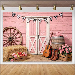 Lofaris Pink Western Barn Photography Backdrop with Cow Print Bunting Rustic Farm Photo Background for Studio Photoshoot and Party Decor