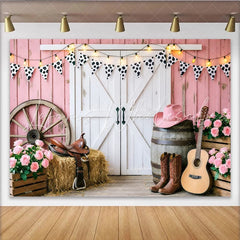 Lofaris Pink Western Barn Photography Backdrop with Cow Print Bunting Rustic Farmhouse Background for Studio Photoshoot