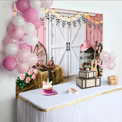 Lofaris Pink Western Barn Photography Backdrop with Cow Print Bunting Rustic Farmhouse Background for Studio Photoshoot