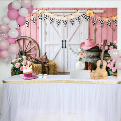 Lofaris Pink Western Barn Photography Backdrop with Cow Print Bunting Rustic Farmhouse Background for Studio Photoshoot