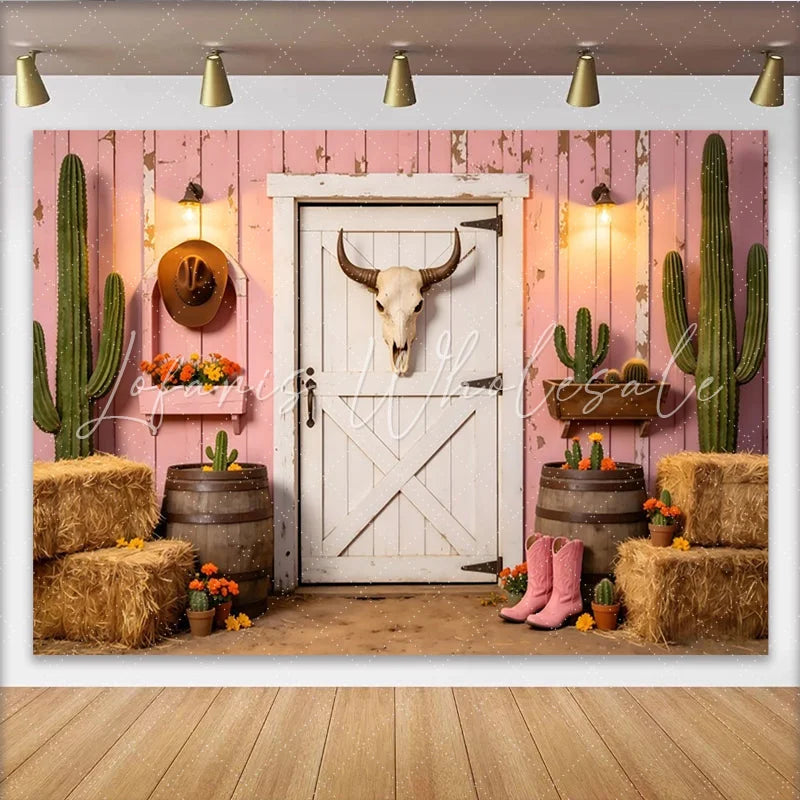 Lofaris Pink Western Cactus Photography Backdrop with Barn Door and Hay Bales Rustic Farmhouse Background for Studio Photoshoot
