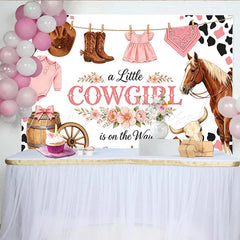 Lofaris Pink Western Cowgirl Baby Shower Backdrop with Horse and Boots Floral Baby Girl Party Background for Photoshoot Decorations