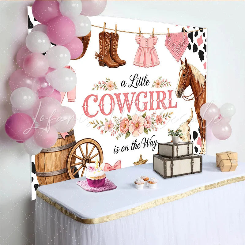 Lofaris Pink Western Cowgirl Baby Shower Backdrop with Horse and Boots Floral Baby Girl Party Background for Photoshoot Decorations