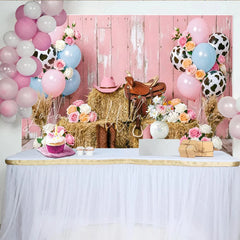 Lofaris Pink Western Cowgirl Birthday Backdrop with Hay Bales and Balloons Chic Ranch Photo Background for Girls Party Decoration