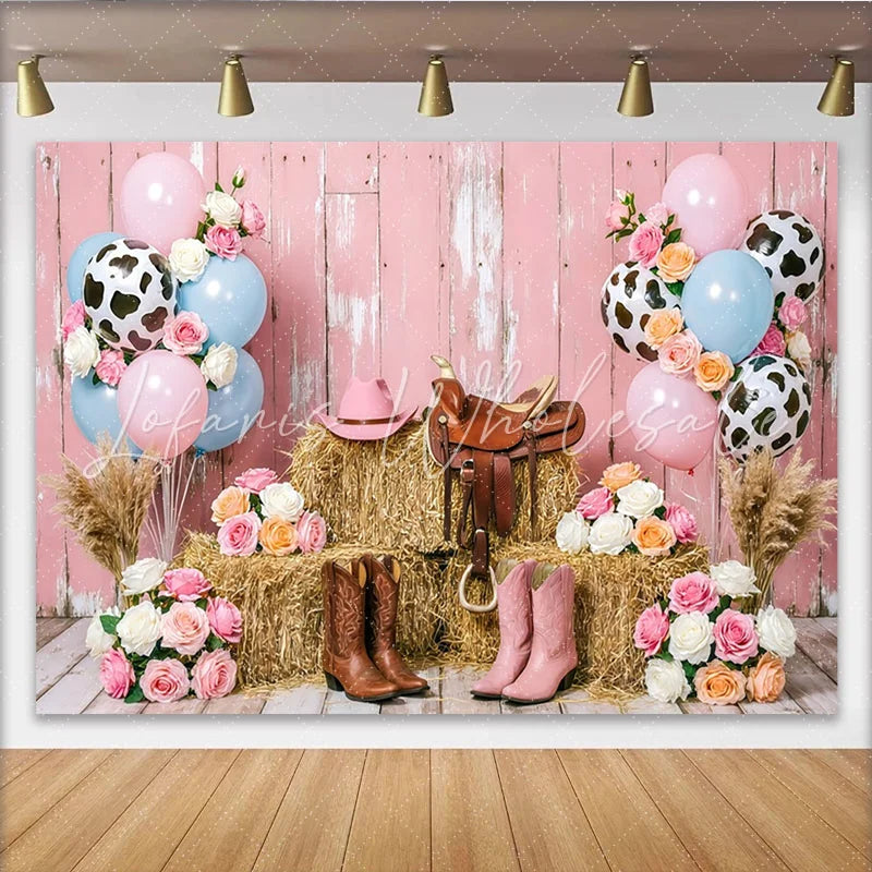 Lofaris Pink Western Cowgirl Birthday Backdrop with Hay Bales and Balloons Chic Ranch Photo Background for Girls Party Decoration