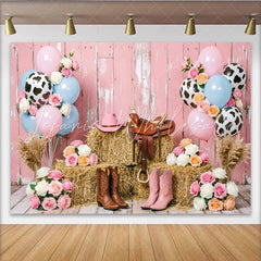 Lofaris Pink Western Cowgirl Birthday Backdrop with Hay Bales and Balloons Chic Ranch Photo Background for Girls Party Decoration