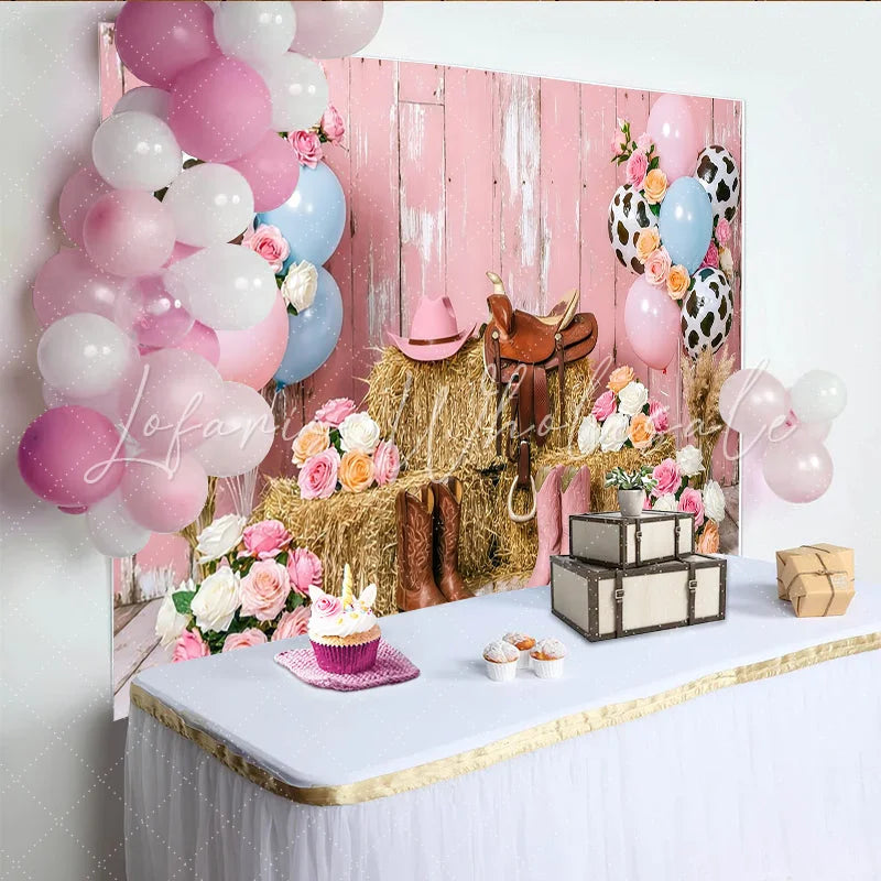Lofaris Pink Western Cowgirl Birthday Backdrop with Hay Bales and Balloons Chic Ranch Photo Background for Girls Party Decoration