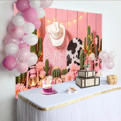 Lofaris Pink Western Cowgirl Photography Backdrop with Cactus Boots and Hat Rustic Wood Background for Studio Photoshoot and Party Decor